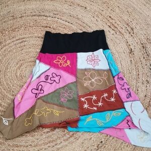 Handmade, embroidered boho patchwork asymmetric cotton unique skirt. Size Medium